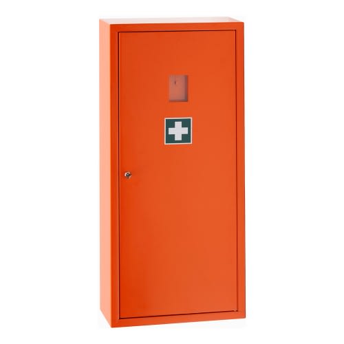 Oranger Sanitätsschrank Typ 1350 mit grünem Erste-Hilfe-Kreuz