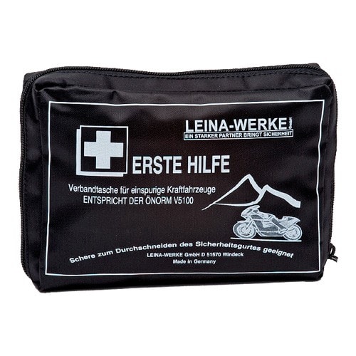 Schwarze Verbandtasche für einspurige Kraftfahrzeuge mit Erste Hilfe Aufdruck und Motorrad Grafik, entspricht ÖNORM V 5100