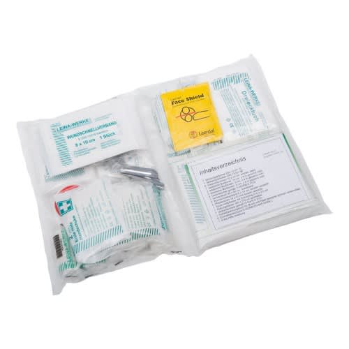 Erste-Hilfe-Ausstattung ÖNORM + KFG mit Verbandmaterial, Face Shield und Inhaltsverzeichnis in transparenter Verpackung