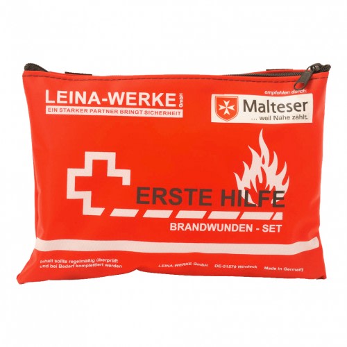 Erste-Hilfe-Set für Brandwunden in rotem Beutel mit Malteser Logo
