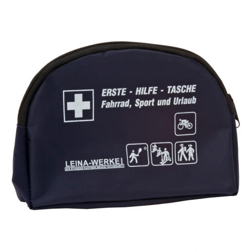 Erste-Hilfe-Tasche für Fahrrad, Sport und Urlaub in dunkelblau mit weißen Symbolen und Text