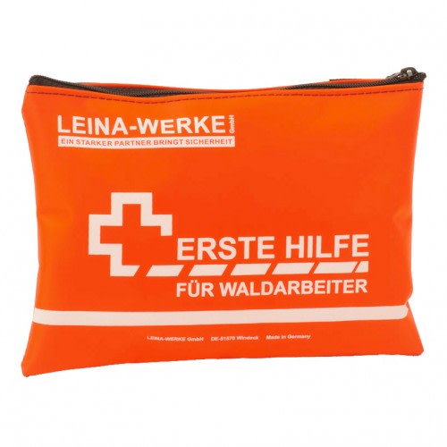 Oranges Erste-Hilfe-Set für Waldarbeiter von LEINA-WERKE mit weißem Kreuz und Schriftzug