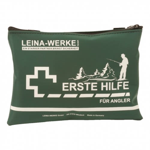 Grünes Erste-Hilfe-Set für Angler mit Aufdruck von Angler, Bäumen und Erste-Hilfe-Symbol