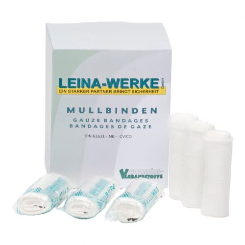 Mullbinden nach DIN 61631-MB-CV/CO von Leina-Werke, sterile Mullbinden in Verpackung und einzeln verpackt