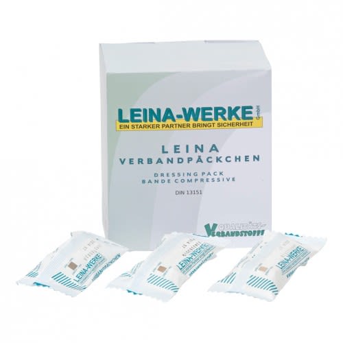 Verbandpäckchen nach DIN 13151 von LEINA-WERKE mit drei einzeln verpackten Kompressen