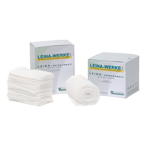 Leina-Werke Verbandmull in Verpackung und als gefaltete und gerollte Mullbinde