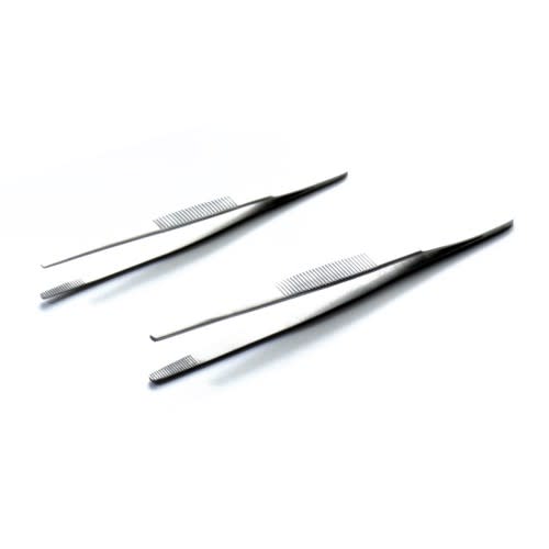 Zwei anatomische Pinzetten aus Edelstahl auf weißem Hintergrund