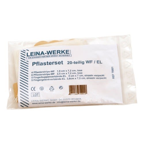 Pflasterset 20-teilig von Leina-Werke mit verschiedenen Pflasterstrips und Fingerverbänden in Verpackung