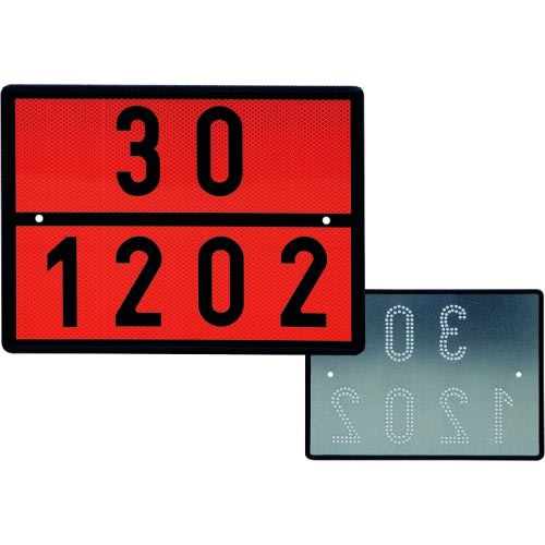 Reflektierende Warntafel für Dieselkraftstoff und Heizöl mit ausgestanztem Lochbild Typ 3, zeigt Gefahrnummer 30 und UN-Nummer 1202