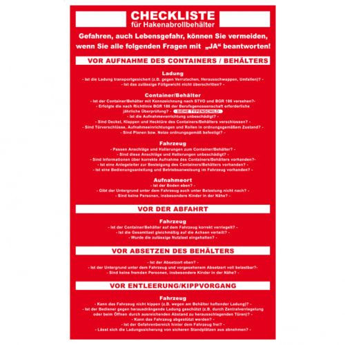 Checkliste für Hakenabrollcontainer mit Sicherheitsfragen und Prüfhinweisen in rotem Design