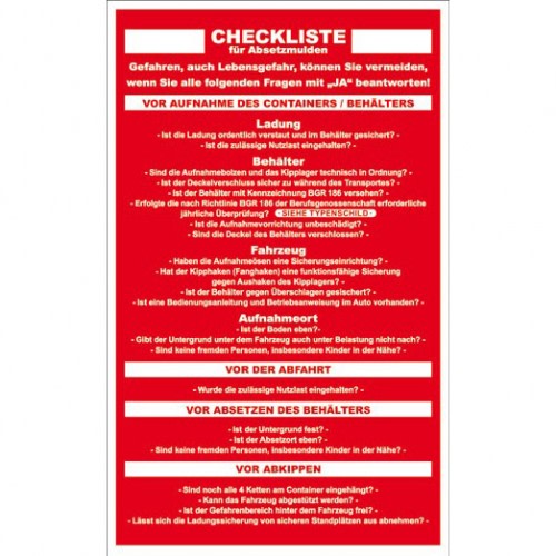 Checkliste für Absetzmulden mit Sicherheitsfragen und Hinweisen zur Ladung, Behälter, Fahrzeug, Aufnahmeort, Abfahrt, Absetzen und Abkippen
