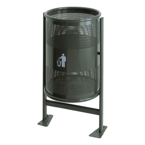 Rund-Abfallbehälter RANGER aus Metall mit Lochblech, Inhalt 60 bis 80 Liter, in dunkelgrün, mit Symbol für Müllentsorgung