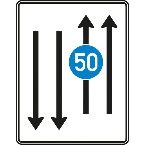Fahrstreifentafel mit Gegenverkehr, 2-streifig in Fahrtrichtung und 2-streifig in Gegenrichtung mit Geschwindigkeitsbegrenzung 50 km/h, Verkehrszeichen VZ 526-33