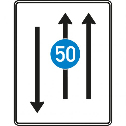 Fahrstreifentafel mit Gegenverkehr, 2-streifig in Fahrtrichtung und 1-streifig in Gegenrichtung mit Geschwindigkeitsbegrenzung 50 km/h, Verkehrszeichen VZ 526-31