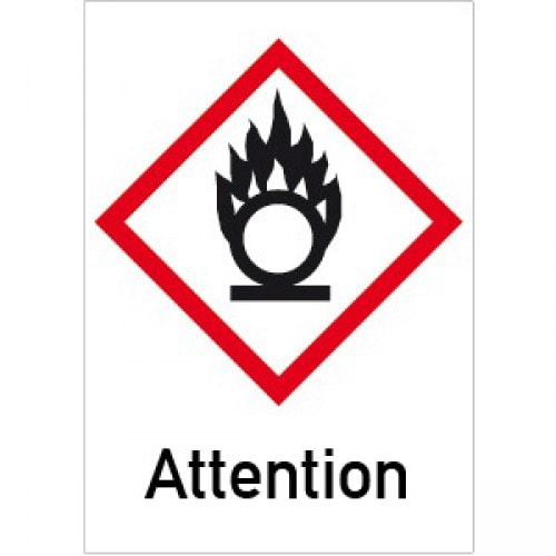 Gefahrensymbol Flamme über Kreis mit rotem Rand und Text Attention GHS 03