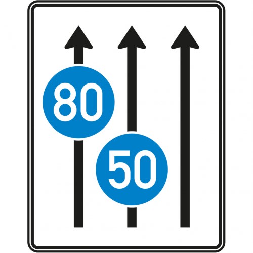 Fahrstreifentafel ohne Gegenverkehr mit drei Fahrstreifen und Geschwindigkeitsangaben 80 und 50 km/h in Fahrtrichtung, Verkehrszeichen VZ 525-31