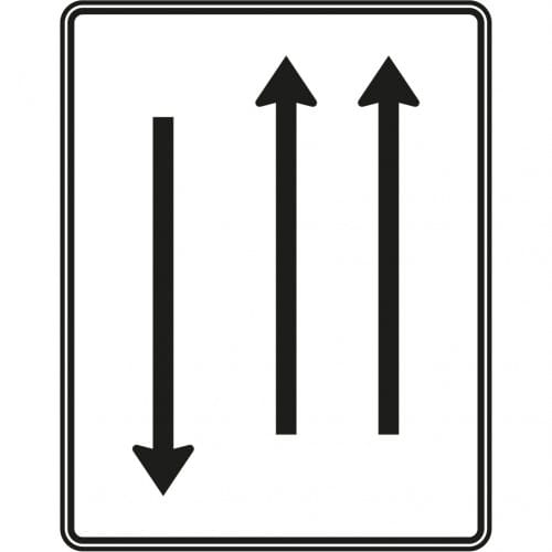 Fahrstreifentafel mit Gegenverkehr, 2-streifig in Fahrtrichtung und 1-streifig in Gegenrichtung Verkehrszeichen VZ 522-31