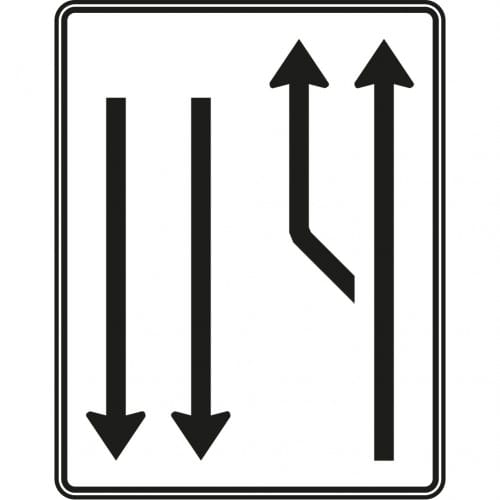 Verkehrszeichen VZ 542-11 Aufweitungstafel mit Gegenverkehr, 1-streifig plus Fahrstreifen links und 2 Fahrstreifen in Gegenrichtung