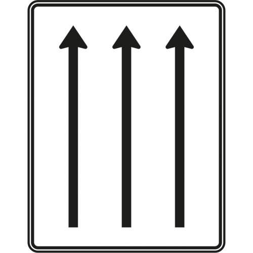 Fahrstreifentafel ohne Gegenverkehr mit drei schwarzen Pfeilen in Fahrtrichtung auf weißem Hintergrund