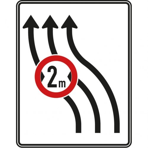 Verschwenkungstafel ohne Gegenverkehr 3-streifig nach links mit 2 Meter Höhenbegrenzung und Verkehrszeichen VZ 264