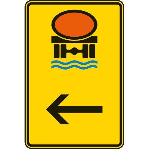 Wegweiser Verkehrsschild für Fahrzeuge mit wassergefährdender Ladung, Pfeil zeigt nach links, VZ 422-14