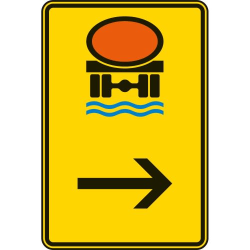 Wegweiser für Fahrzeuge mit wassergefährdender Ladung, hier rechts, gelbes Verkehrsschild mit schwarzem Rand, Symbol für Tankfahrzeug und blauem Wellenmuster