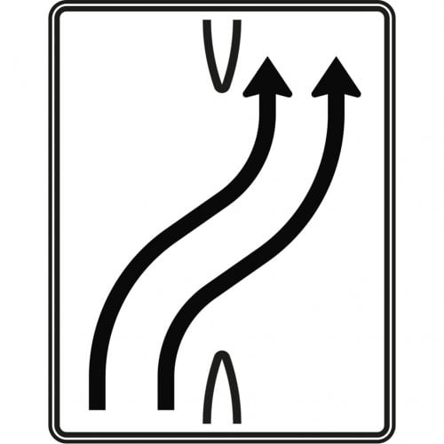 Überleitungstafel 2-streifig nach rechts Verkehrszeichen VZ 501-21 mit zwei schwarzen Pfeilen auf weißem Hintergrund