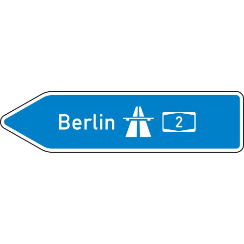 Pfeilwegweiser zur Autobahn linksweisend mit Aufschrift Berlin und Autobahnsymbol, Verkehrsschild VZ 430-10
