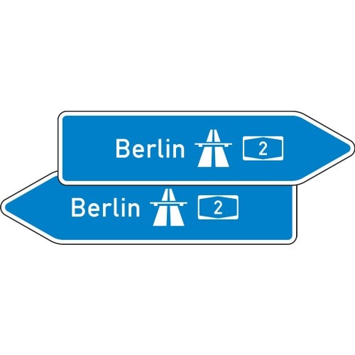 Doppelseitiger Pfeilwegweiser zur Autobahn mit Wunschtext Berlin und Autobahnnummer 2, Verkehrsschild VZ 430-40