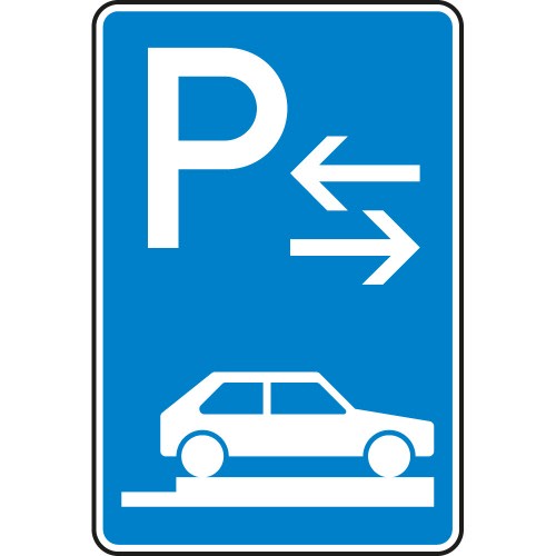 Verkehrsschild Parken ganz auf Gehwegen Mitte VZ 315-88 blau mit weißem P, Pfeilen und Auto-Symbol