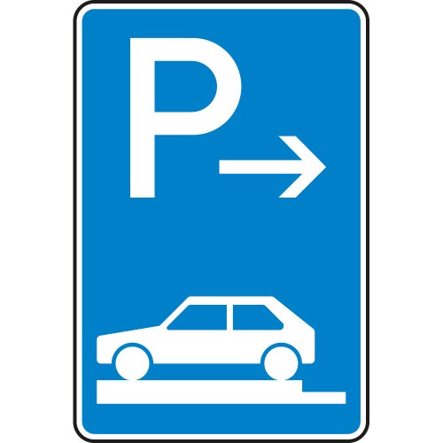 Verkehrsschild VZ 315-81 Parken auf Gehwegen ganz quer zur Fahrtrichtung links, Anfang, blaues Schild mit weißem P, Pfeil nach rechts und Auto auf Gehweg