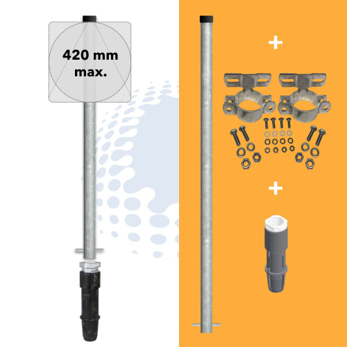 3000 mm Rohrpfosten Komplett-Set mit 60,3 mm Rohrpfosten, 350 mm Bodenhülse und 2 x 70 mm Rohrschellen inklusive Schrauben und Muttern