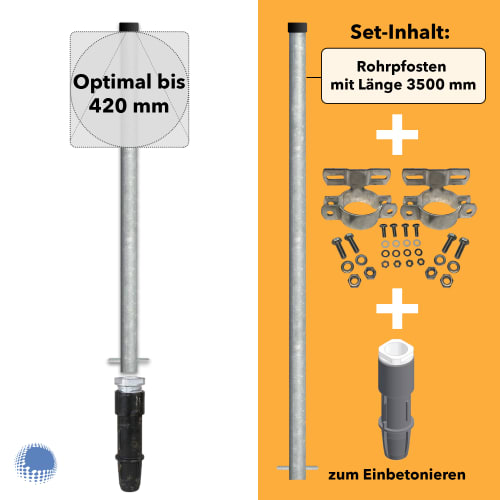 3500 mm Rohrpfosten Komplett-Set mit 60,3 mm Rohrpfosten, 500 mm Bodenhülse und 2 x 70 mm Rohrschellen zum Einbetonieren