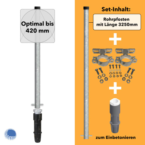 3250 mm Rohrpfosten Komplett-Set mit 60,3 mm Rohrpfosten, 350 mm Bodenhülse und 2 x 70 mm Rohrschellen zum Einbetonieren