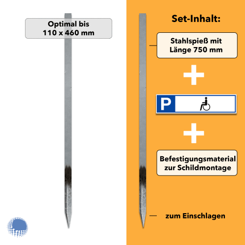 Parkplatzreservierer-Set für Behindertenparkplatz mit Stahlspieß 750 mm, Parkplatzschild und Befestigungsmaterial zum Einschlagen