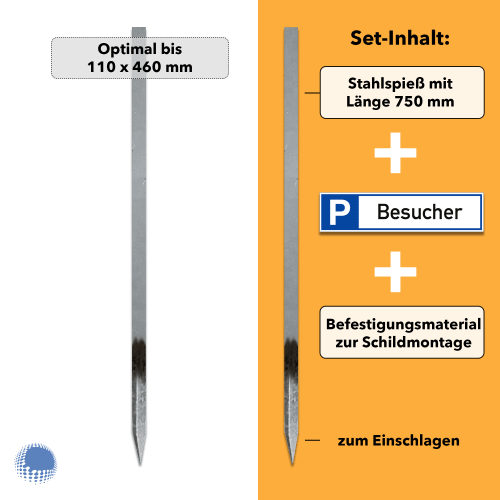Parkplatzreservierer-Set Besucher mit Stahlspieß 750 mm Länge und Befestigungsmaterial zur Schildmontage