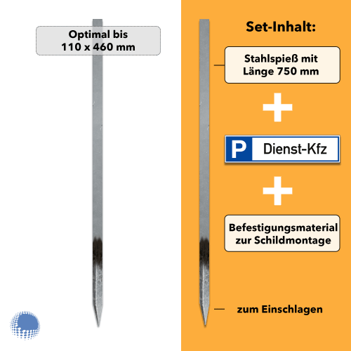 Parkplatzreservierer-Set Dienst-KFZ mit Stahlspieß 750 mm Länge, Befestigungsmaterial zur Schildmontage, zum Einschlagen