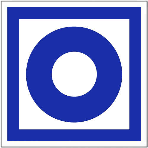 Blaues Schild mit weißem Kreis in der Mitte, Symbol für manuellen Brandmelder