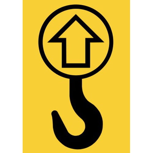 Schwarzer Haken mit Aufwärtspfeil in Kreis auf gelbem Hintergrund, Anhebungspunkt Lift Point Symbol