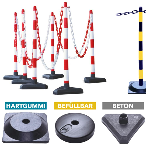 Kettenständer Kettenpfosten-Set GUARDA MAX mit 6 rot-weiß gestreiften Pfosten und 10 Meter Kunststoffkette, verschiedene Sockelarten Hartgummi, befüllbar und Beton