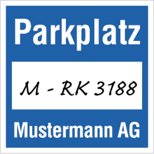 50x Parkplakette mit weißem Firmeneindruck, Blau, 80 x 80 mm, Folie