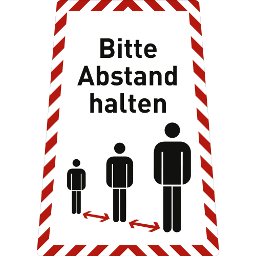 Aufkleber Bitte Abstand halten mit Text und Piktogramm, drei stilisierte Personen mit Abstand und roten Pfeilen, rot-weißer Rand