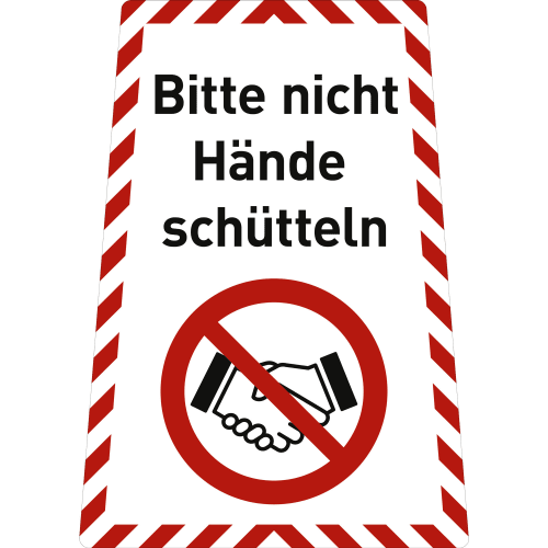 Aufkleber mit rotem Rand und Text Bitte nicht Hände schütteln sowie Piktogramm eines durchgestrichenen Handschlags