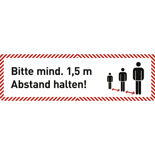 Deckenhänger mit Hinweis Bitte mind. 1,5 m Abstand halten und Piktogramm von drei Personen mit Abstand