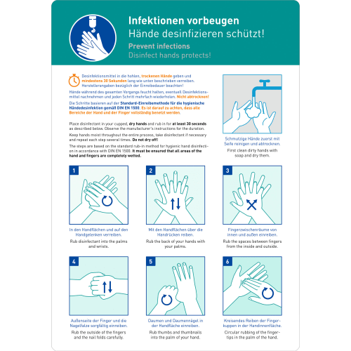 Aushang zur Infektionsvorbeugung mit Anleitung zum Hände desinfizieren gemäß DIN EN 1500 mit sechs Schritten und Piktogrammen