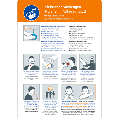 Aushang zur Infektionsvorbeugung mit Hygienehinweisen im Alltag, inklusive Händewaschen, Umgang mit Wunden, Kontakt mit Tieren, Sauberhalten des Zuhauses, Verhalten bei Krankheit, Abstand halten und richtiges Husten und Niesen
