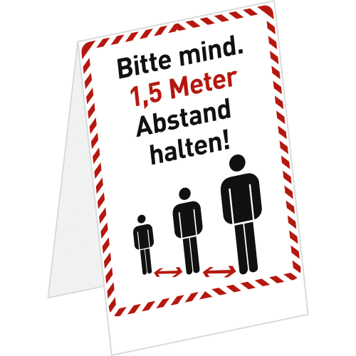 Aufsteller mit Hinweis Bitte mind. 1,5 Meter Abstand halten und Piktogramm von drei Personen mit Abstandspfeilen