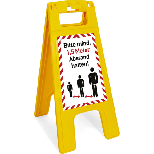 Gelber Warnaufsteller mit Hinweis Bitte mind. 1,5 Meter Abstand halten und Piktogrammen von Personen mit Abstand