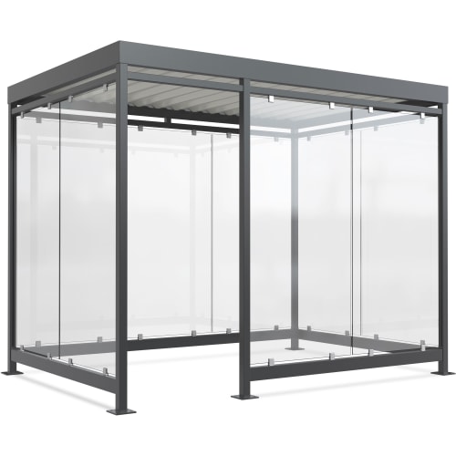 Raucherunterstand Modell Köln K3 b/d mit Glaswänden und grauem Metallrahmen