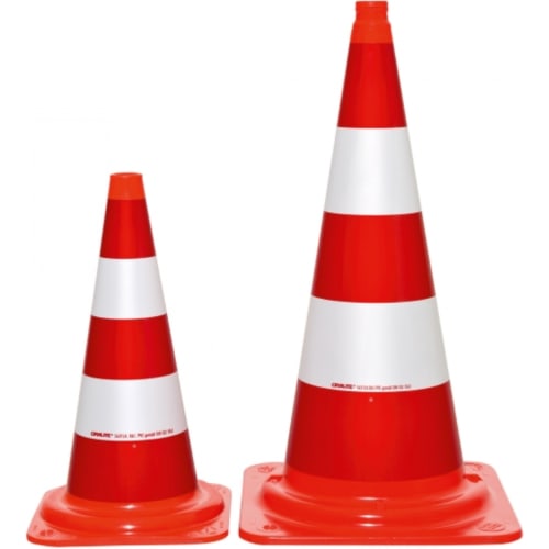 Zwei TL Verkehrsleitkegel EU, einteilig, BASt geprüft, in verschiedenen Größen mit roten und weißen Streifen